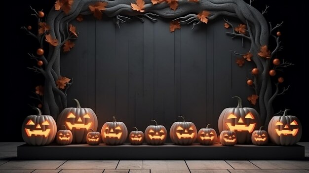 Photo halloween 3d podium empty space for product presentation with pumpkin black night background