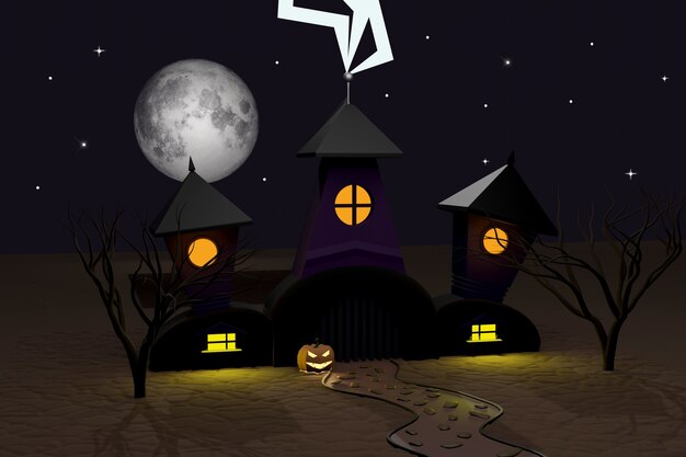 Halloween 3d render of dark castle, lightning, luminous halloween pumpkins jack-o-lantern, fool moon, trees and stone path. autumn holidays poster.