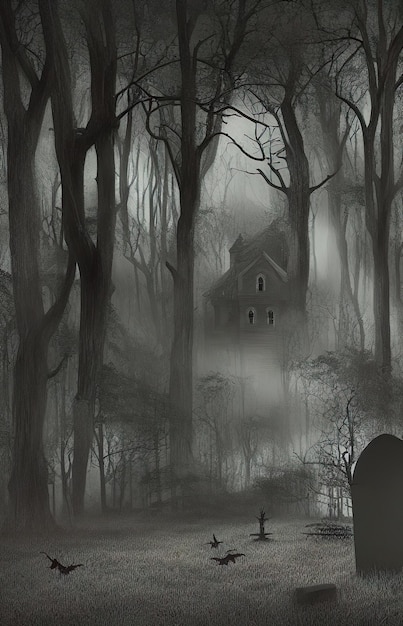 Halloween-achtergrond, digitale afbeelding van een Victoriaans spookhuis in een dicht spookachtig bos