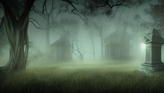 Halloween-achtergrond, digitale illustratie van Victoriaans spookhuis met kaarslicht in de wind