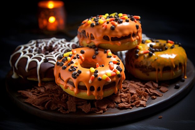 Halloween achtergrond donuts kaas en chocolade op een zwarte plaat