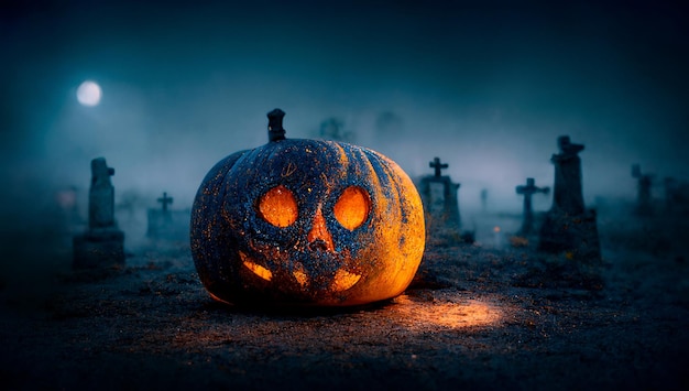 Halloween-achtergrond Griezelig pompoenmonster op kerkhof AI geproduceerd