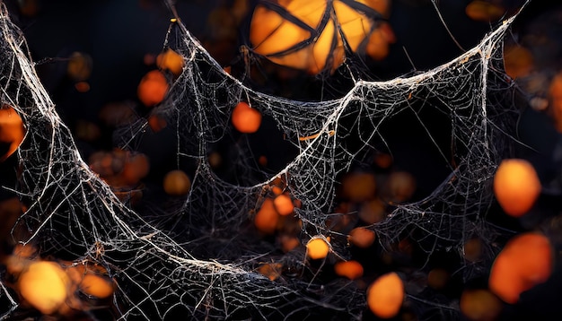 Halloween-achtergrond griezelig spinnenweb op zwarte en oranje bokeh Halloween-achtergrondmalplaatje