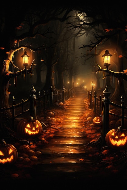 Halloween achtergrond griezelige scène griezelige pompoenen op eng kerkhof