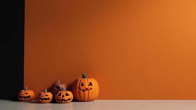 Halloween achtergrond Halloween meloenen op een zwarte en oranje achtergrond Plaats voor tekst generatieve ai