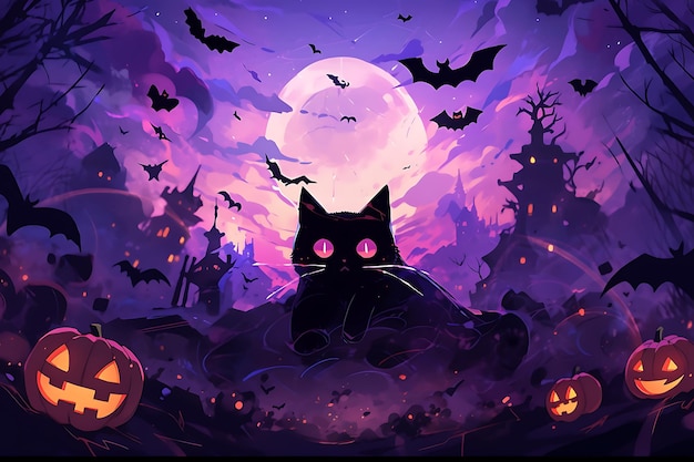 Halloween achtergrond illustratie kat en vleermuis