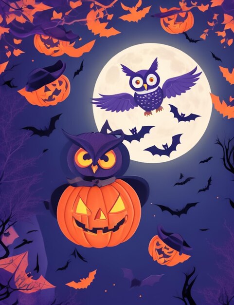 Halloween achtergrond in nacht maan uitzicht op pompoen en uil in donkere fantasie