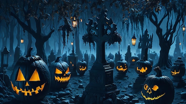Halloween-achtergrond Jack O' Lanterns op een kerkhof in een spookachtige nacht Generatieve Ai