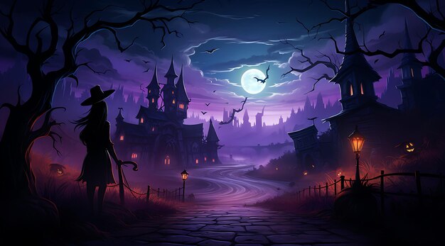 Halloween-achtergrond met achtervolgd kasteel griezelig bos en pompoenen