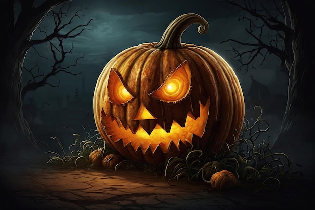 Halloween achtergrond met angstaanjagende pompoenen in een donker bos's nachts