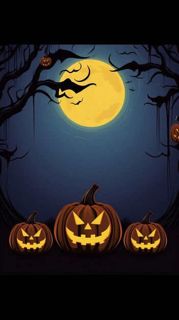Halloween achtergrond met drie pompoenen volle maan nacht Boomsilhouetten Blauwe nachtachtergrond H