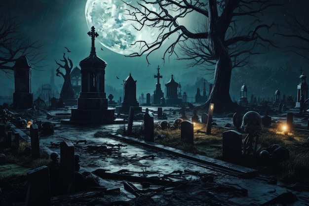 Halloween achtergrond met een donkere en angstaanjagende begraafplaats Generatieve AI