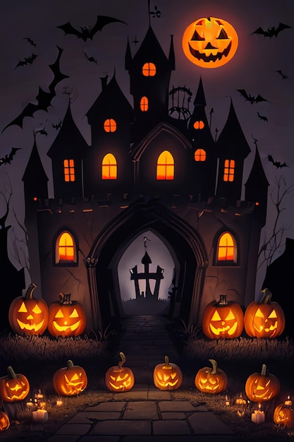 Halloween-achtergrond met enge pompoenkaarsen op het kerkhof 's nachts met een kasteelachtergrond