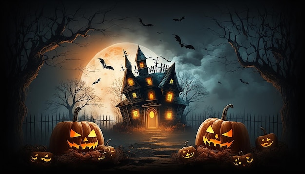 Halloween-achtergrond met gloeiende pompoenen en spookhuis Generatieve ai