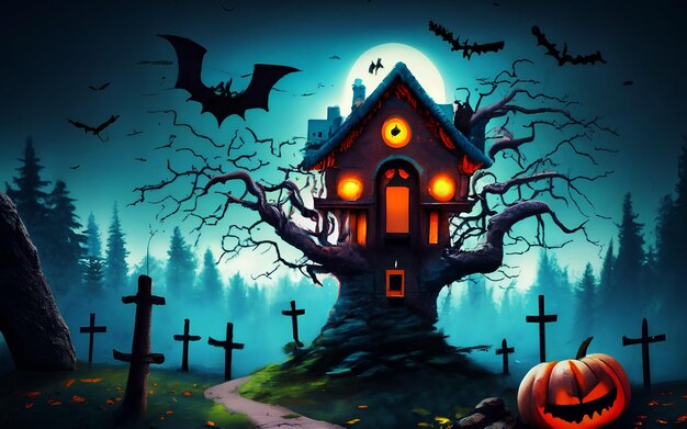 Halloween-achtergrond met griezelige pompoenen van een griezelig spookhuis met volle maan Ai gegenereerd