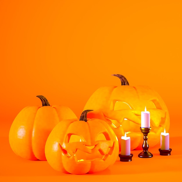 Halloween-achtergrond met Jack o-lantaarns en kaarsen 3d render met kopieerruimte