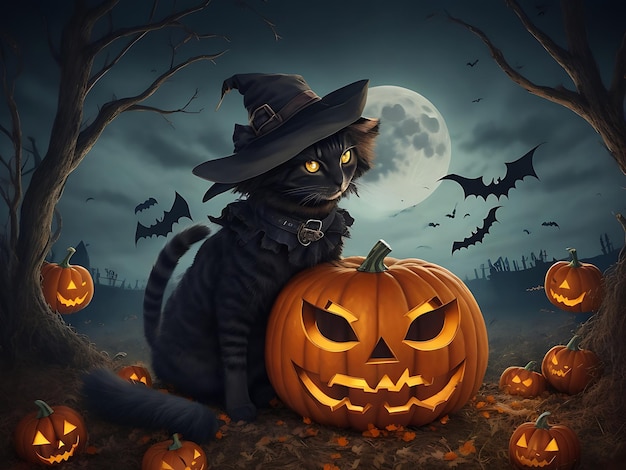 Halloween-achtergrond met kattenpompoenen kaarsen in een griezelig bos op Moonnight door kunstmatige Intelli