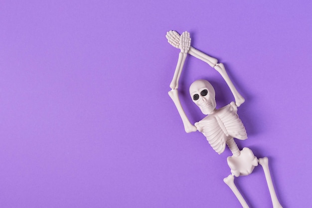Halloween achtergrond met menselijk skelet op paarse achtergrond bovenaanzicht. Halloween-wenskaart