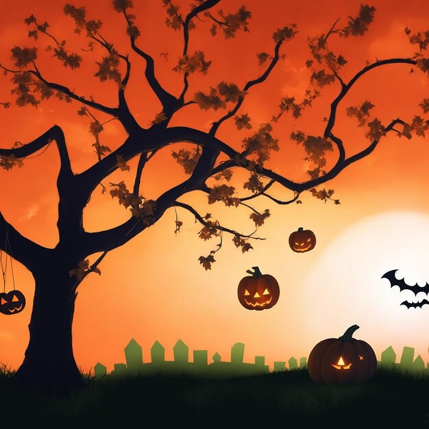 Foto halloween-achtergrond met pompoen en griezelige boomfoto