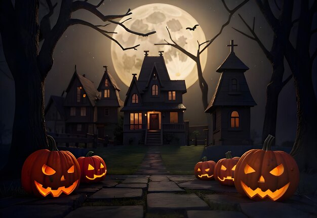 halloween achtergrond met pompoen en horror huis ai gegenereerd