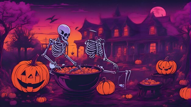 Halloween-achtergrond met pompoen en skelet Vectorillustratie voor uw ontwerp