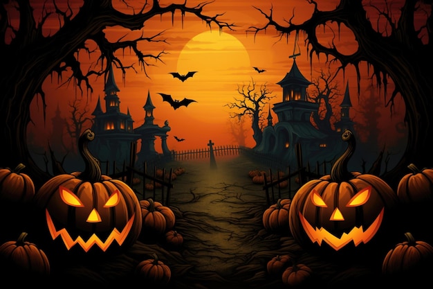 Halloween-achtergrond met pompoen en vleermuis