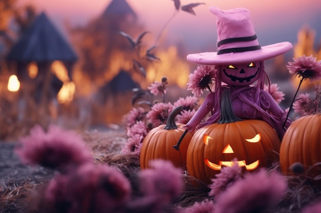 Halloween-achtergrond met pompoen in roze hoed Generatieve AI