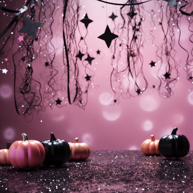 Foto halloween achtergrond met pompoen sterren en krans op roze