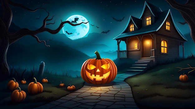 Halloween-achtergrond met pompoenen en huis 's nachts