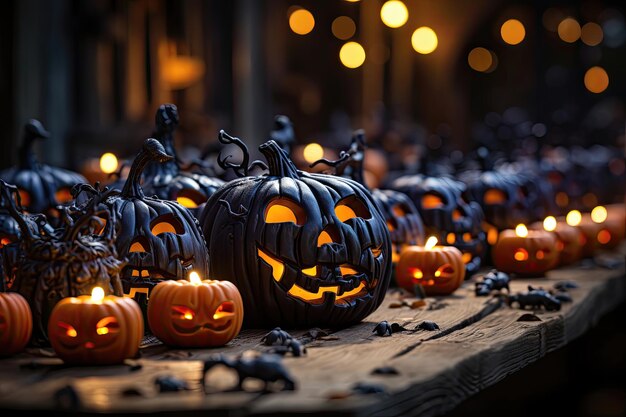 Foto halloween achtergrond met pompoenen en kaarsen op houten tafel's nachts