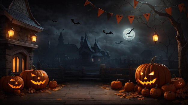 Halloween achtergrond met pompoenen en spookhuis 3D-rendering