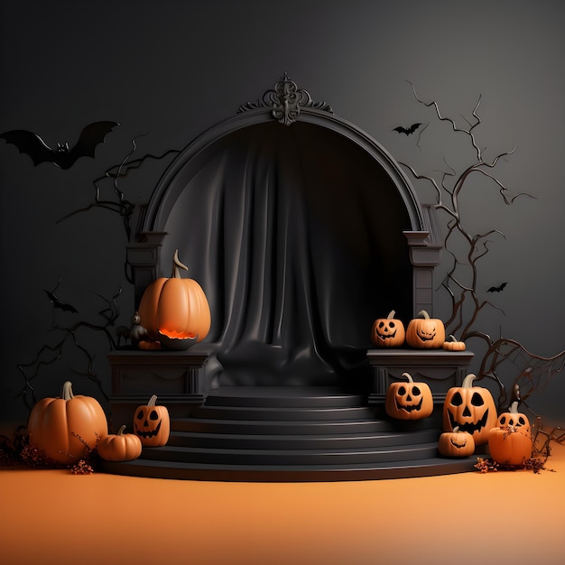 Halloween achtergrond met pompoenen op podium 3d render AI Generative Illustration Podium voor prod