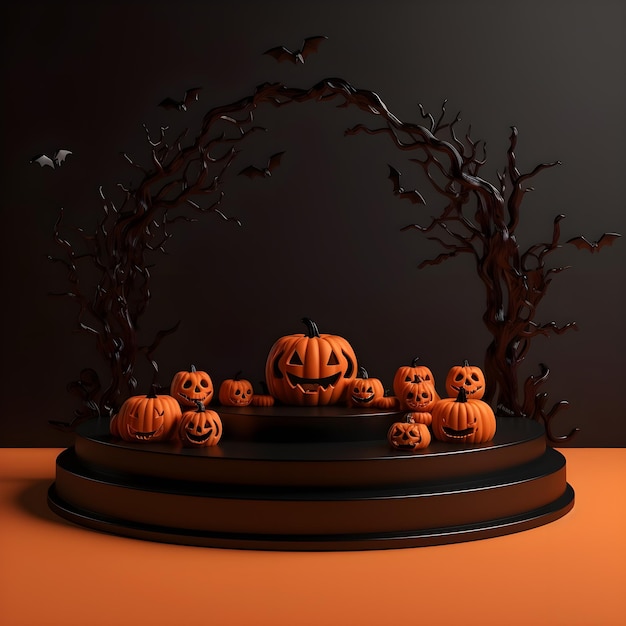 Halloween achtergrond met pompoenen op podium 3d render AI Generative Illustration Podium voor prod