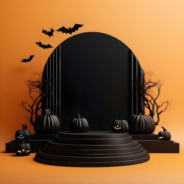 Halloween achtergrond met pompoenen op podium 3d render AI Generative Illustration Podium voor prod