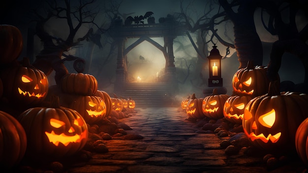 halloween-achtergrond met pompoenen, spinnen en spinnenweb in griezelig halloween-feest