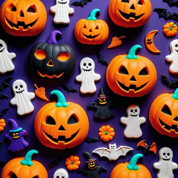 Halloween achtergrond met pompoenen vleermuizen en scarry geest in klei stijl