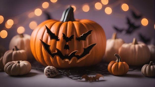 Halloween-achtergrond met pompoenen, vleermuizen en spinnen op donkere achtergrond