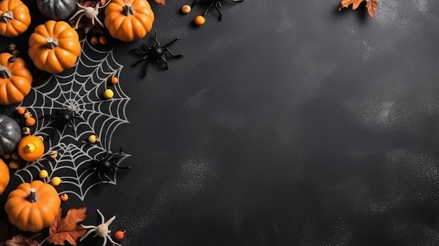 Halloween-achtergrond met pompoenenweb en spinnen op zwarte achtergrond