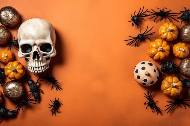 Halloween-achtergrond met pompoenspinnen en schedels in oranje achtergrond