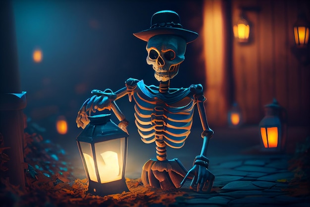 Halloween-achtergrond met skelet en lantaarngeneratieve ai