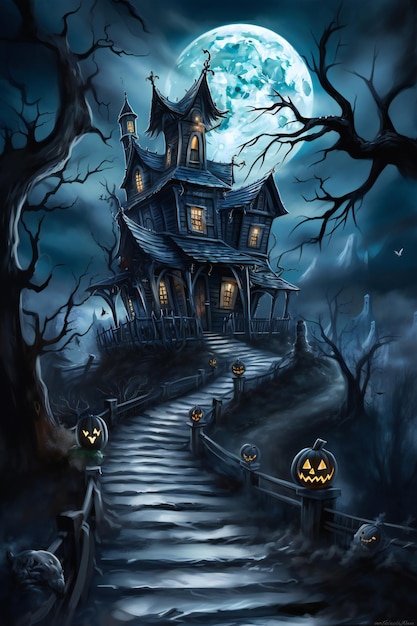 Halloween achtergrond met spookachtig spookhuis en volle maan illustratie