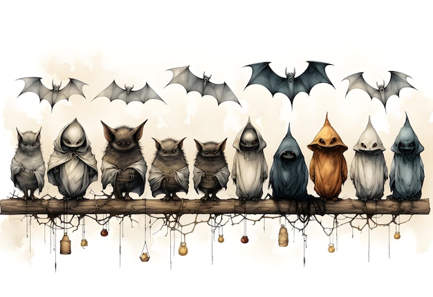 Halloween achtergrond met vleermuizen en uilen Hand getrokken illustratie