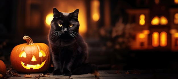 Halloween achtergrond met zwarte kat en pompoenen