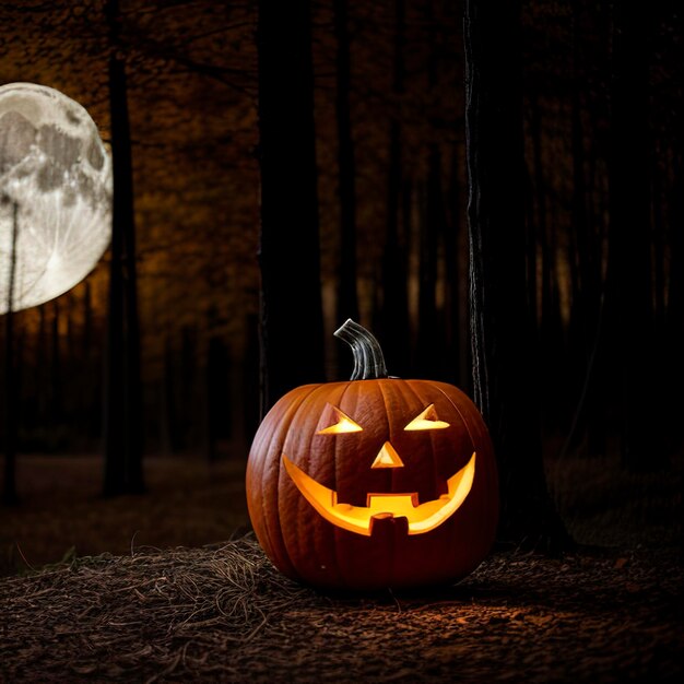 Halloween achtergrond Spooky pompoen met maan en donker bos