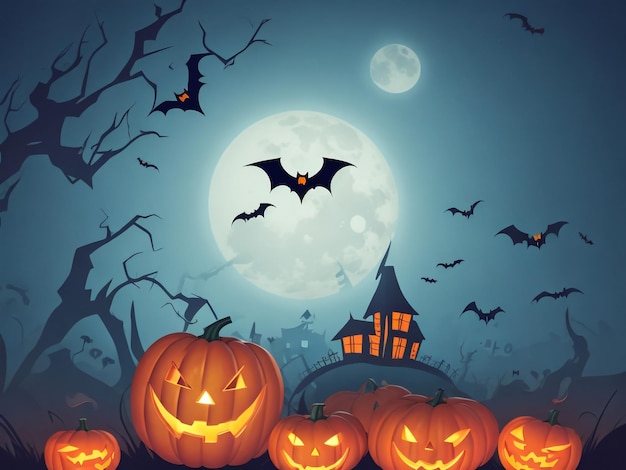 Halloween Achtergrond Vector Halloween oranje achtergrond met veel vliegende vleermuizen oud huis maan tre