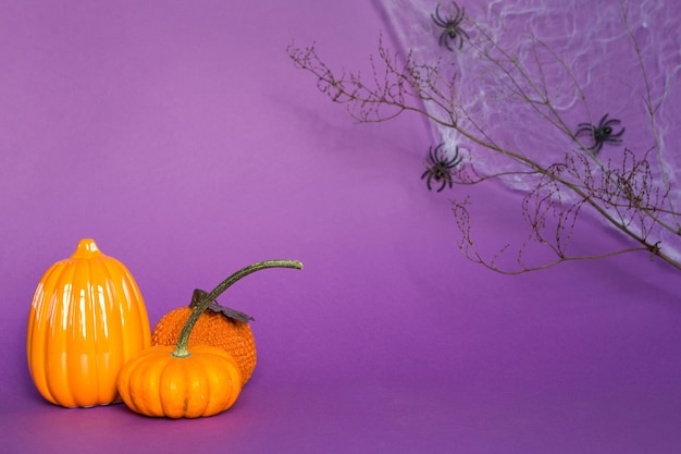 Halloween-achtergronden van witoranje en gouden pompoenenspinnen en droge tak op een paarse achtergrond met spinnenwebben en vreselijk decor Horror en een enge vakantie