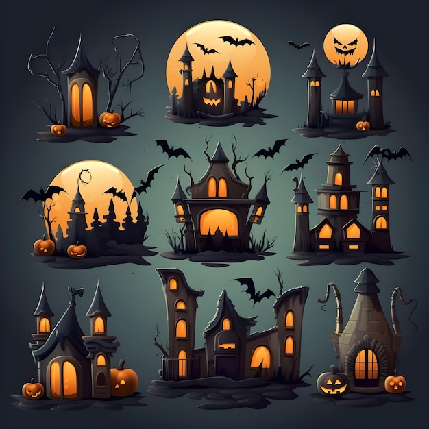 Halloween-achtergrondpictogrammen van spookhuispompoenen, vleermuizen en kaarsen