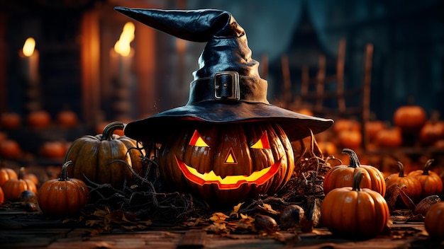Halloween-achtergrondpompoen met een heksenhoed op een oude straat Generatieve AI