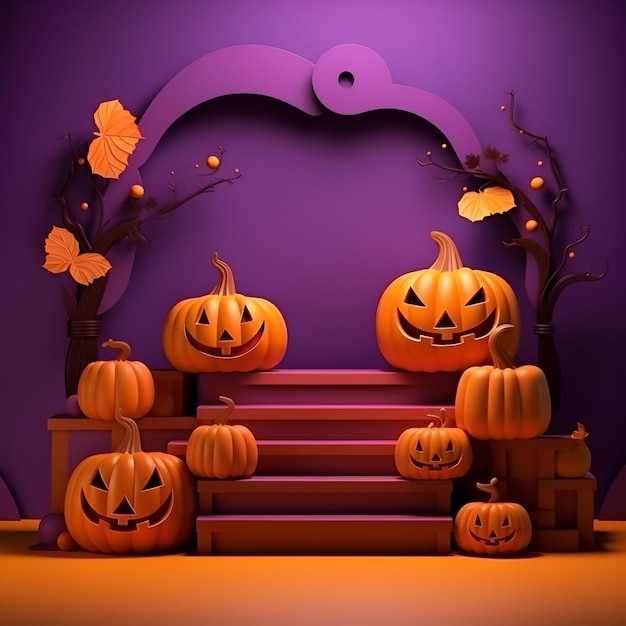 Halloween achtergrondstappen oranje pompoenen en herfstbladeren illustratie AI generatie 3d