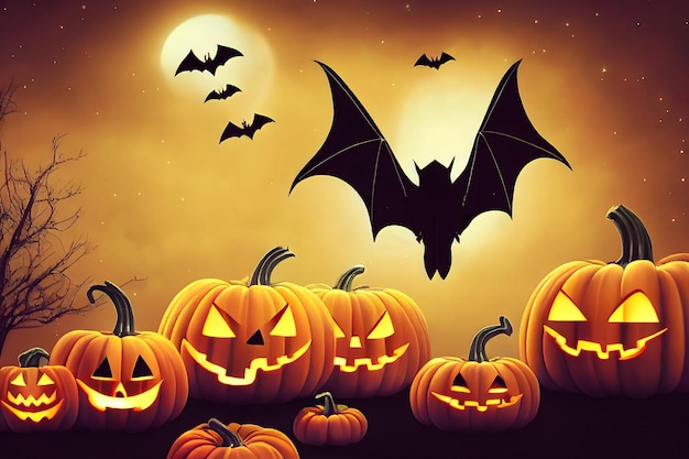 Halloween aesthetic background bats pumpkins full moon and stars night neural network generated art